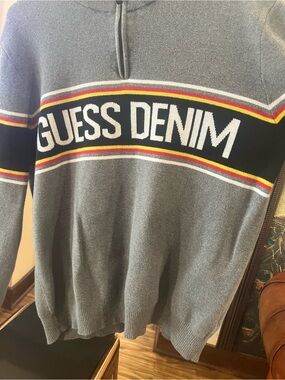 Guess Gray Zip-Neck Sweater with Black, Red & Yellow Stripes